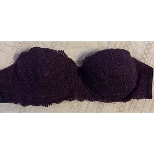 Native Intimates Dark Purple Lace Strapless Padded‎ Push-up Bra, Size 36B